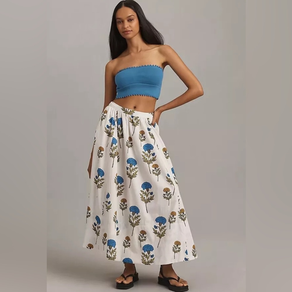 ANTHROPOLOGIE MAEVE THE JACIE POPLIN FLORAL PRINTED MIDI SKIRT GREEN